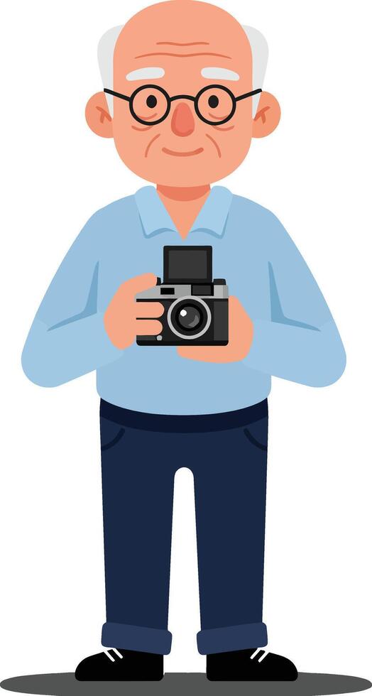 Elderly man holding a camera in flat and colorful illustration vector