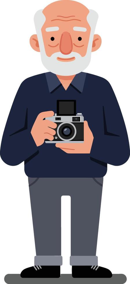 Elderly man holding a camera in flat art style illustration vector