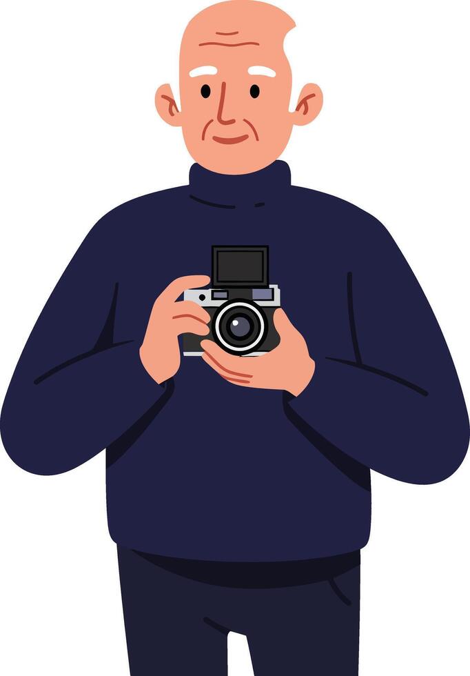 Elderly man holding a camera in a flat illustration style vector