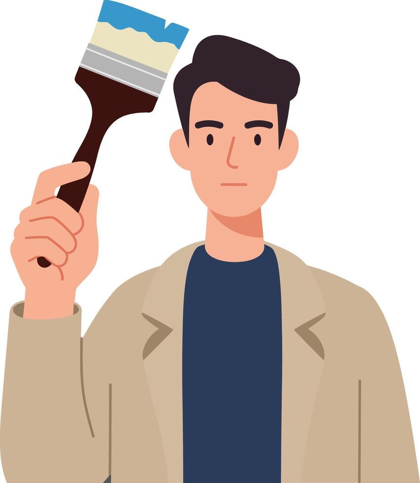 Artist holding paintbrush showcasing creativity in minimal flat design art vector