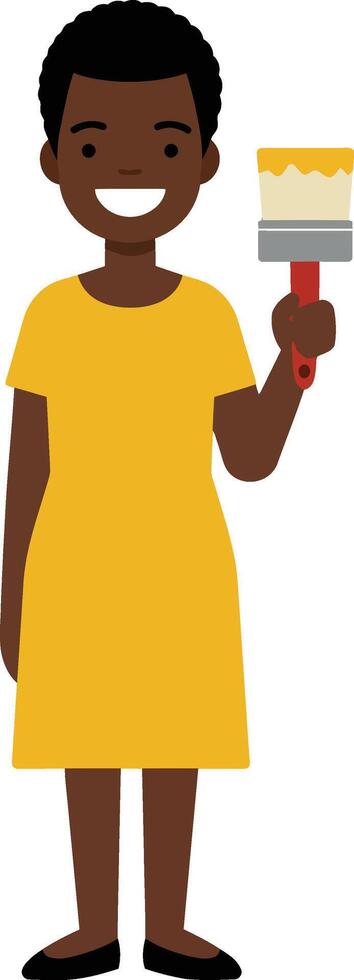 Happy woman holding paintbrush in yellow dress flat art vector