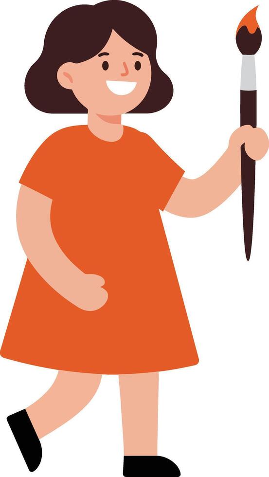Girl holding a paintbrush in an orange dress, minimal flat illustration vector