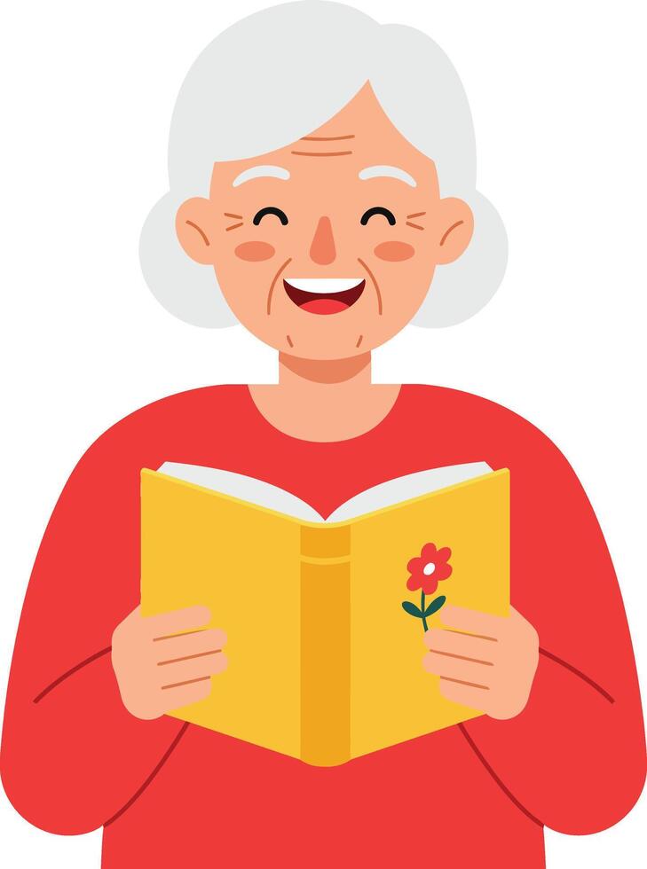 Happy elderly woman reading a yellow book with flower design in flat art vector
