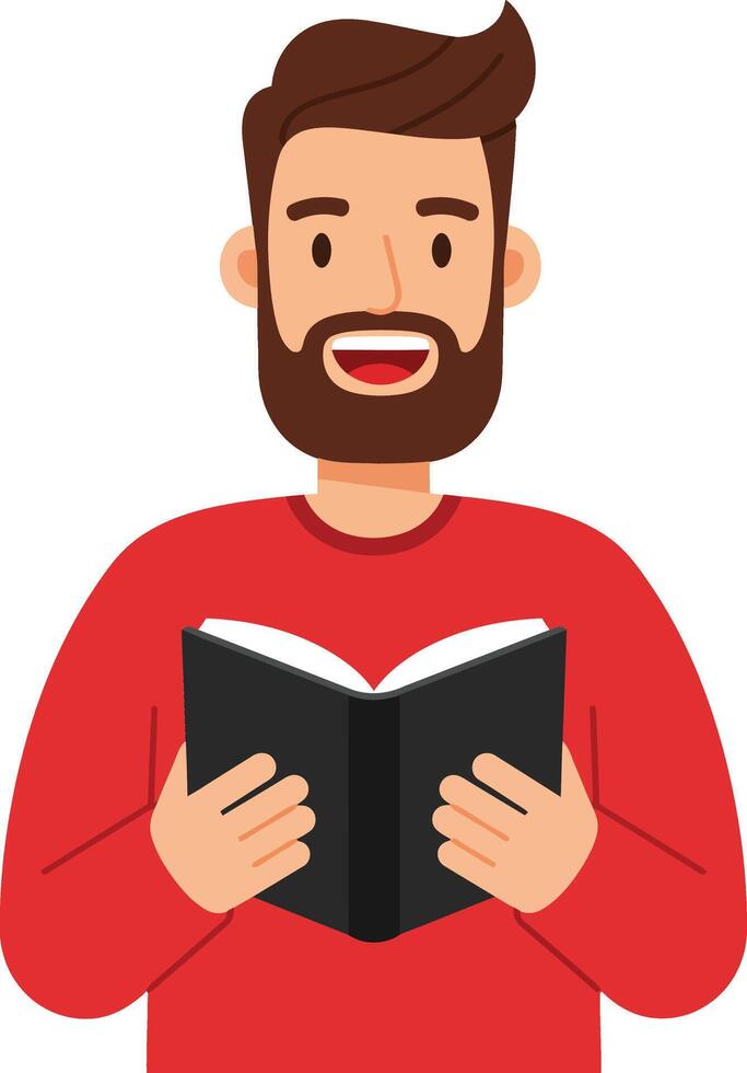 Happy man holding an open book in flat art style illustration vector