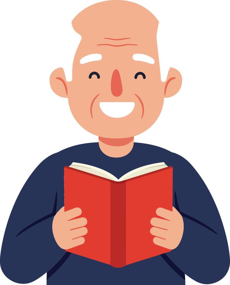 Happy elderly man reading a book in flat art style illustration vector