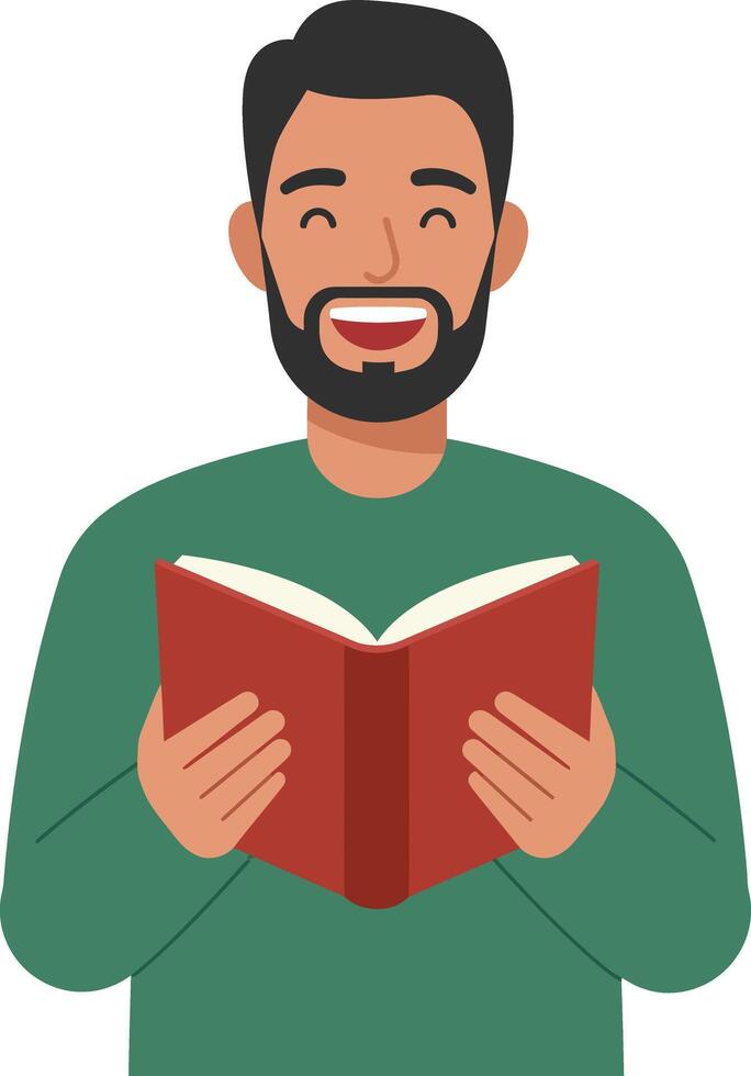 Smiling man holding a book in green sweater flat art vector