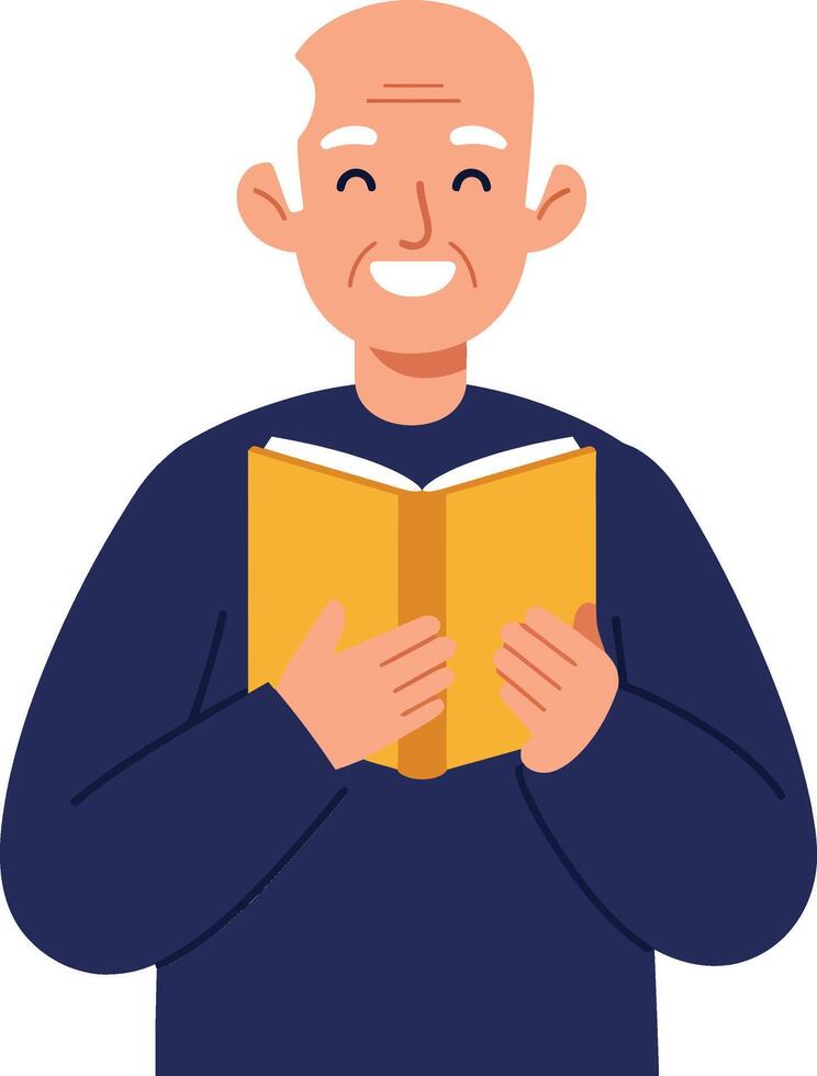 Happy elderly man reading a book in a flat and colorful illustration vector