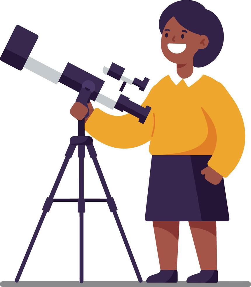 Young girl observing stars with telescope in flat illustration vector