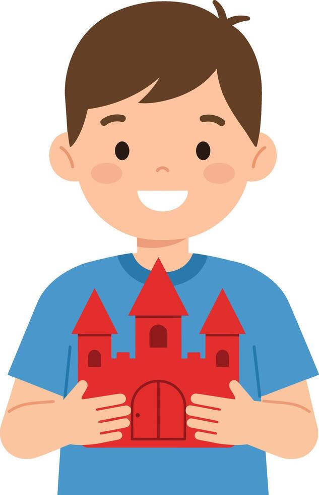 Happy child holding a red toy castle in a flat illustration vector