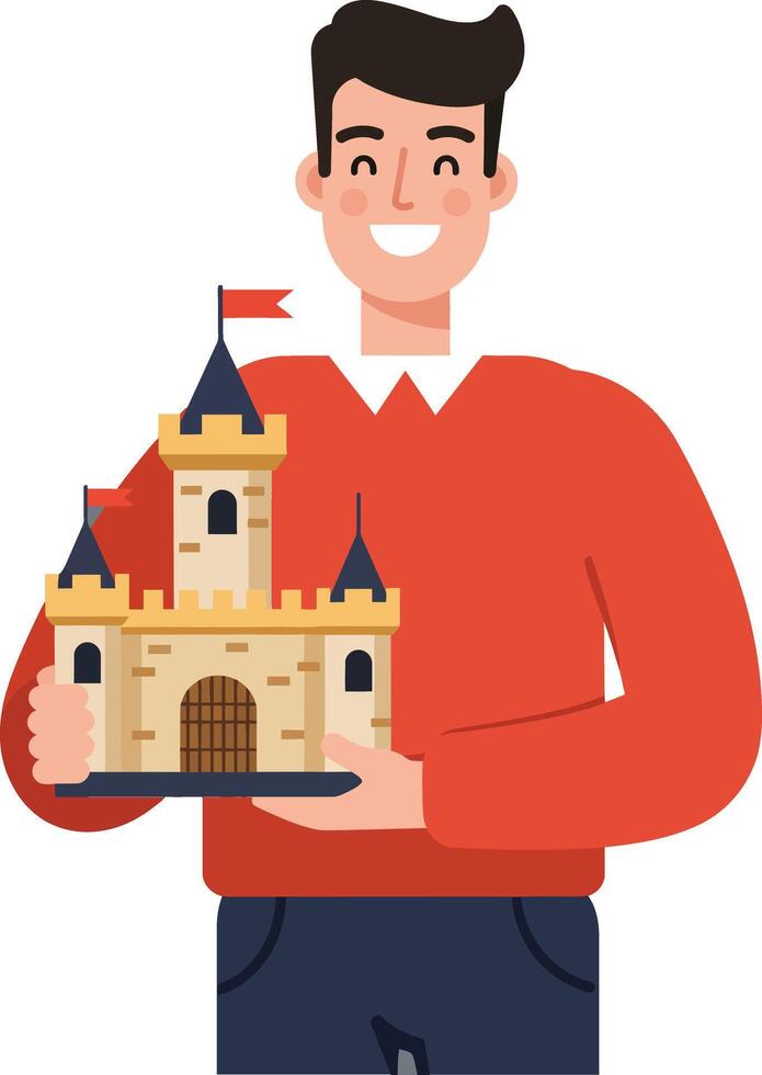 Man holding a small castle in a flat and colorful illustration vector