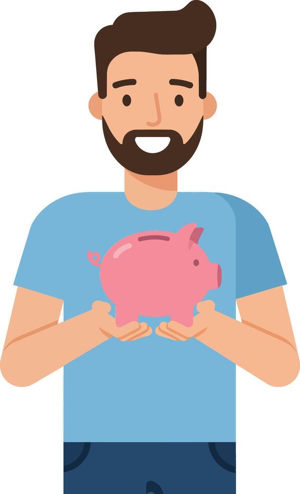 Happy man holding a pink piggy bank in flat illustration vector