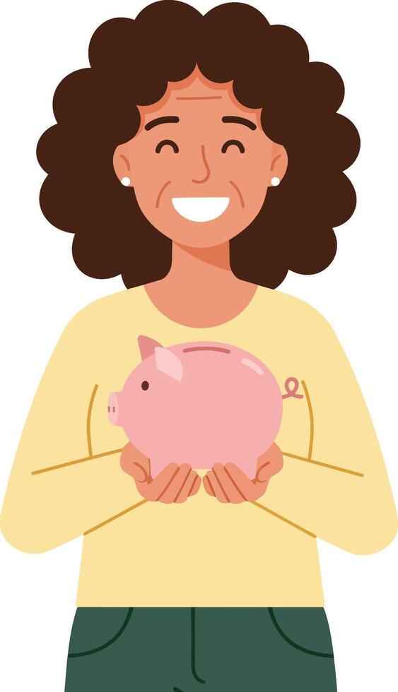 Happy woman holding a pink piggy bank in a flat illustration vector