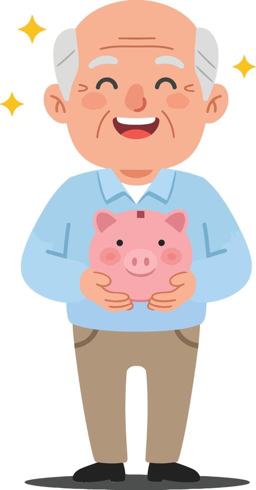Happy elderly man holding a piggy bank in a minimal flat illustration vector