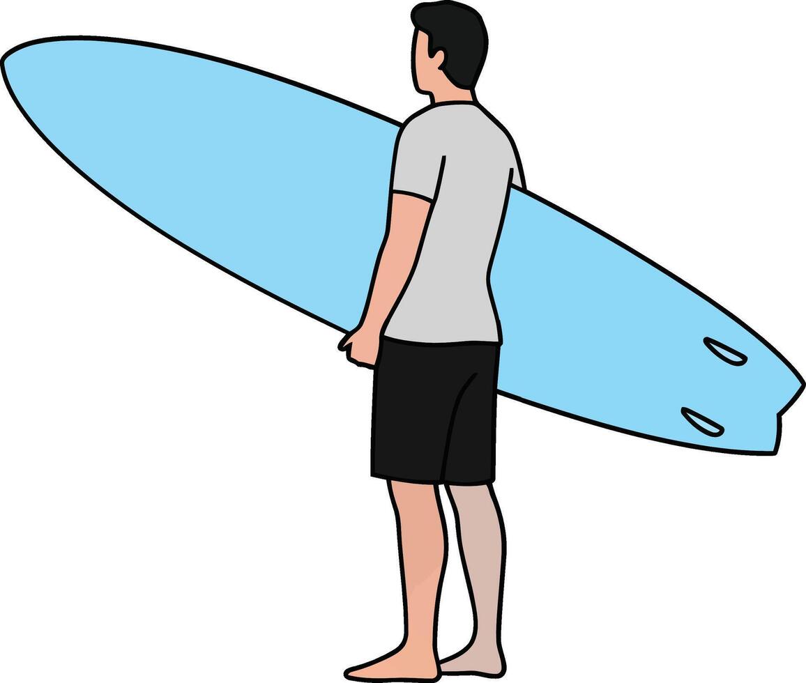 Surfer holding a blue surfboard in flat art style illustration vector