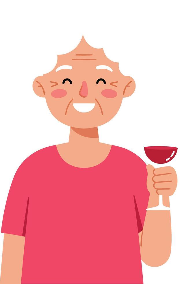 Smiling elderly man holding a glass of red wine in flat illustration vector
