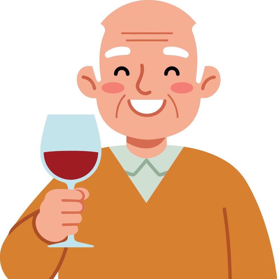 Happy elderly man holding a glass of red wine in flat illustration vector