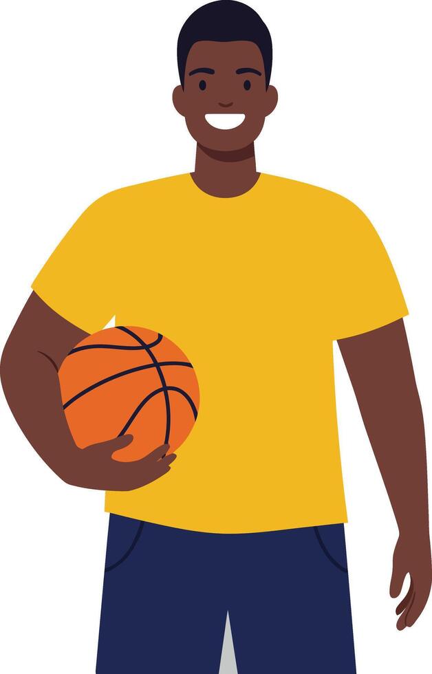 Young man smiling while holding basketball in bright yellow shirt flat art vector