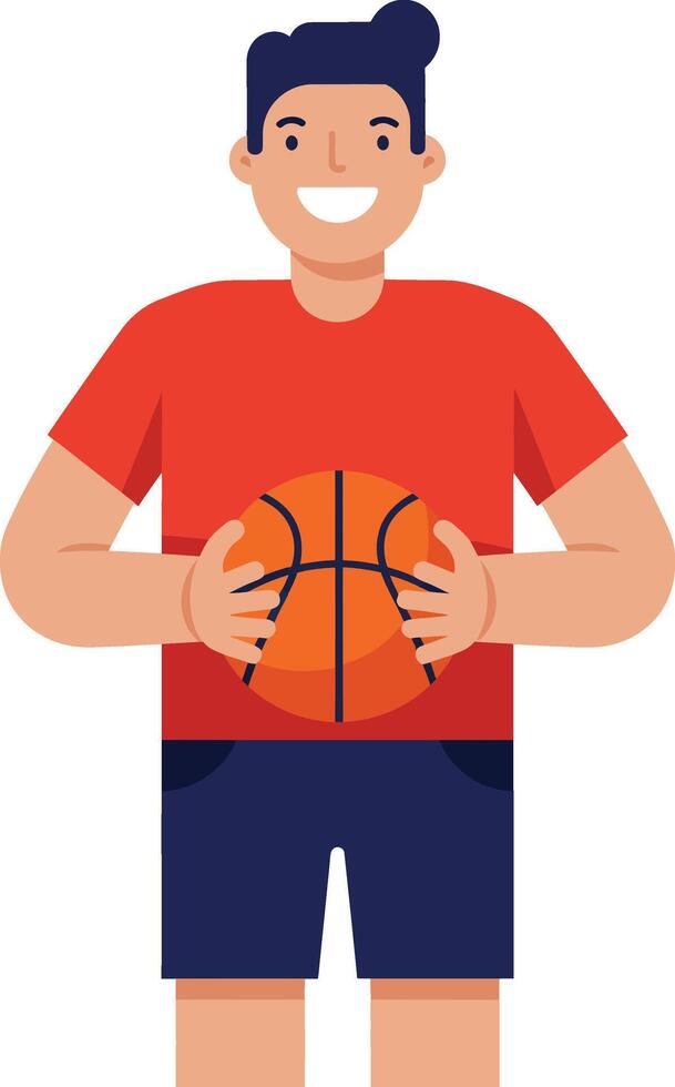 Happy basketball player holding an orange ball in a flat illustration vector