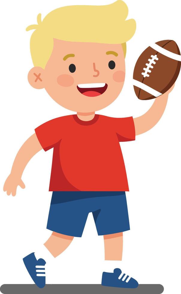 Happy child running with football in bright colors flat art vector