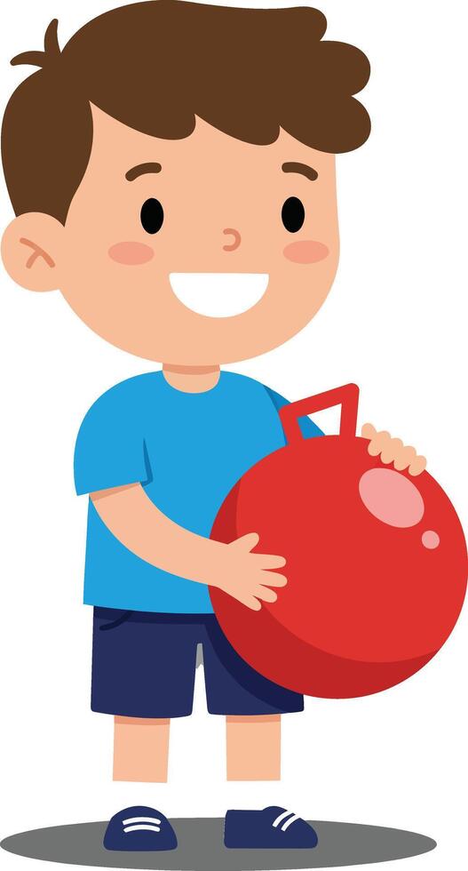 Happy child holding a red bouncing ball in flat illustration vector