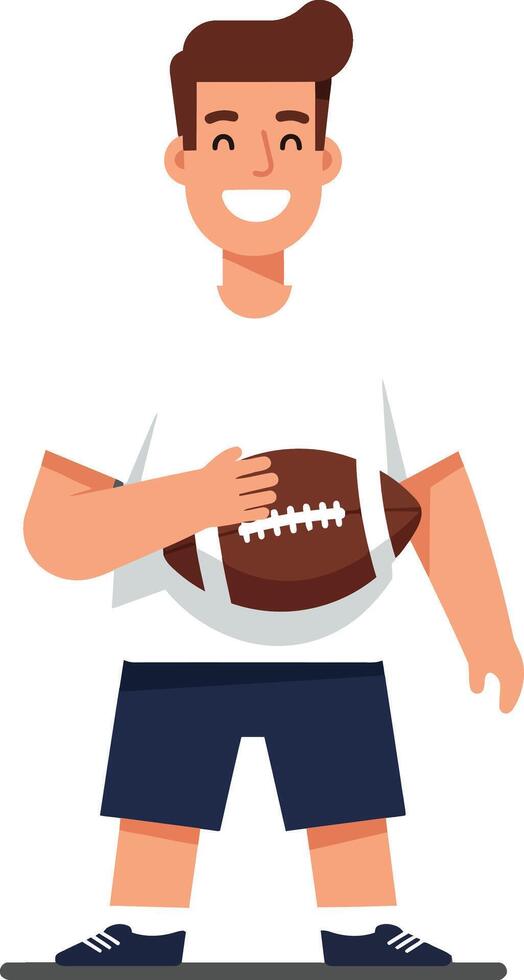 Cheerful boy holding a football in minimal flat illustration vector