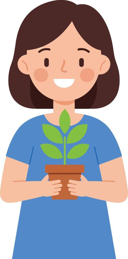 Happy woman holding a plant in a blue shirt, flat illustration vector