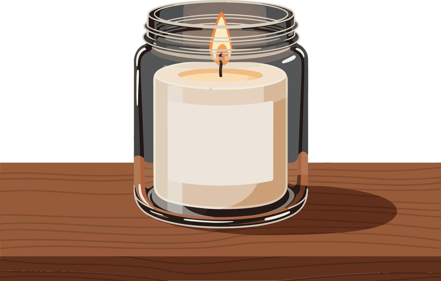 Candle in a glass jar with flame on wooden table flat art vector