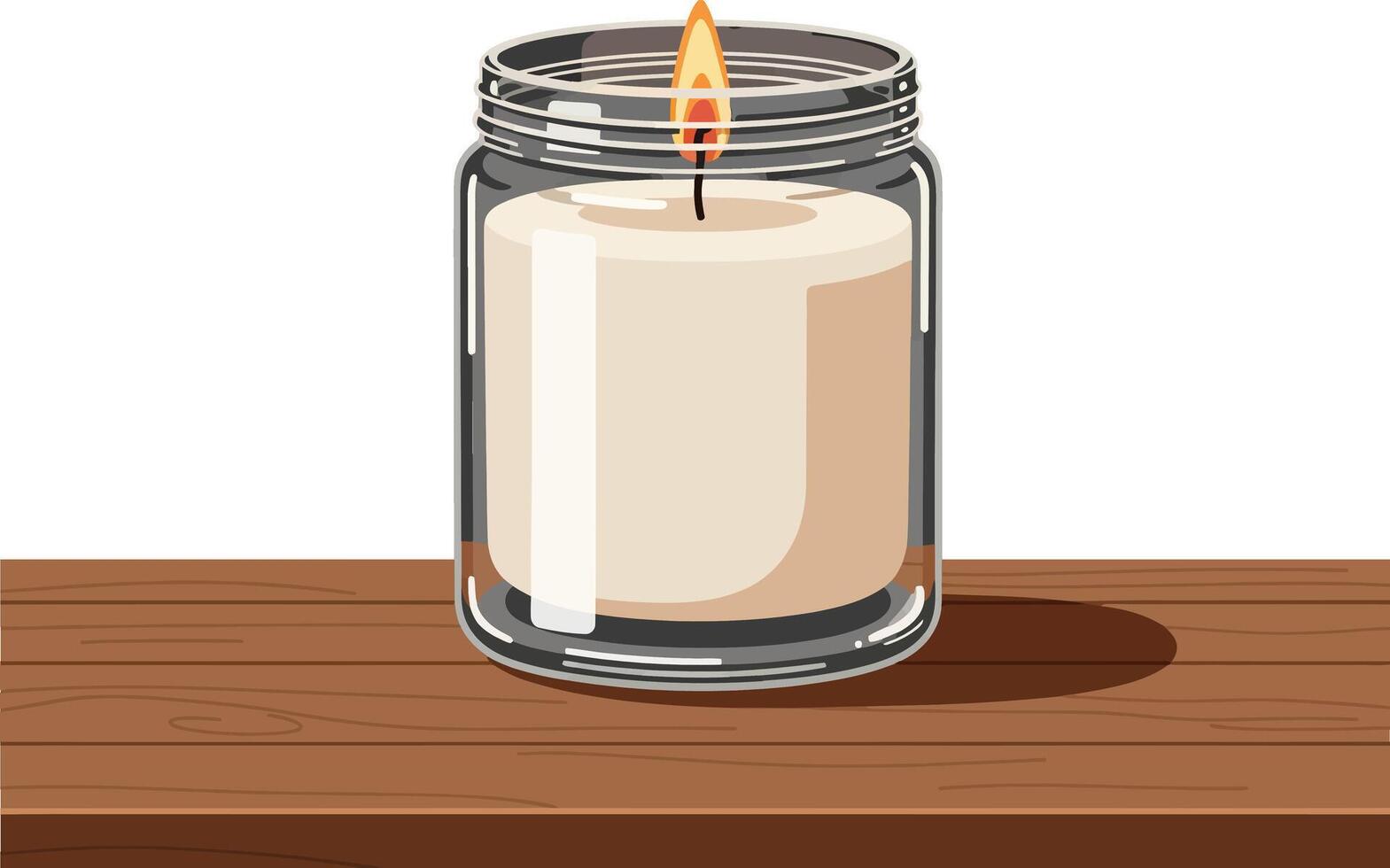 Candle in glass jar on wooden surface with flat design style art vector