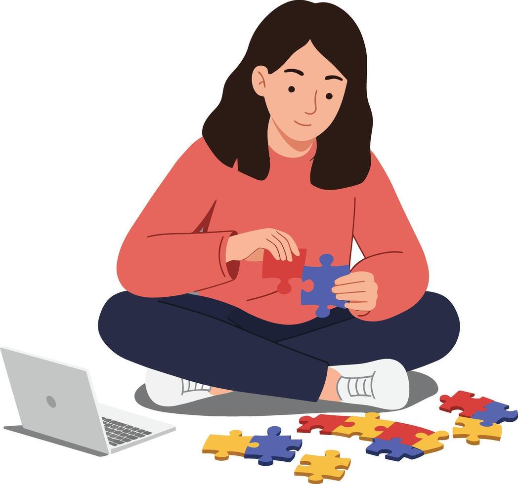 Woman assembling colorful puzzle pieces while sitting on the floor in flat art vector