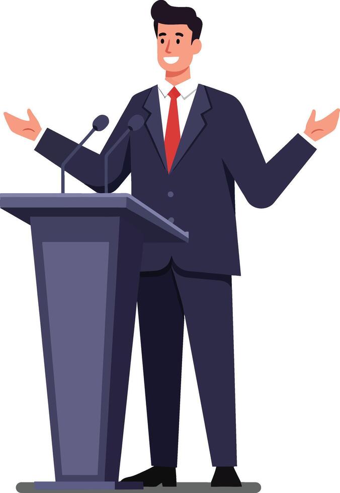 Professional speaker engaging an audience in a flat minimal illustration vector