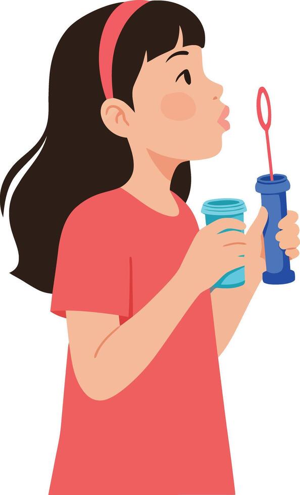 Girl blowing bubbles with bubble wand in flat art vector