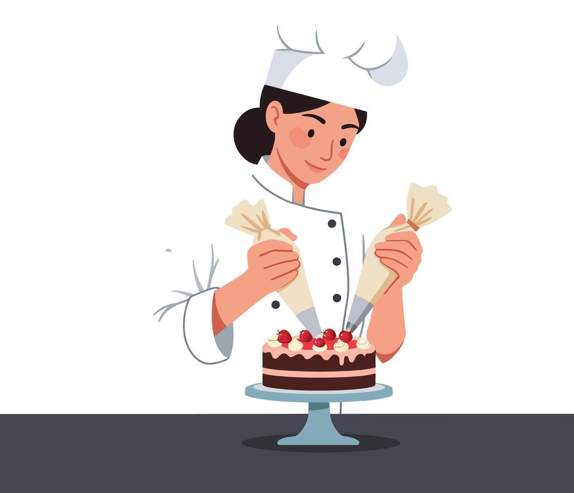 Chef decorating a chocolate cake with icing in flat art vector