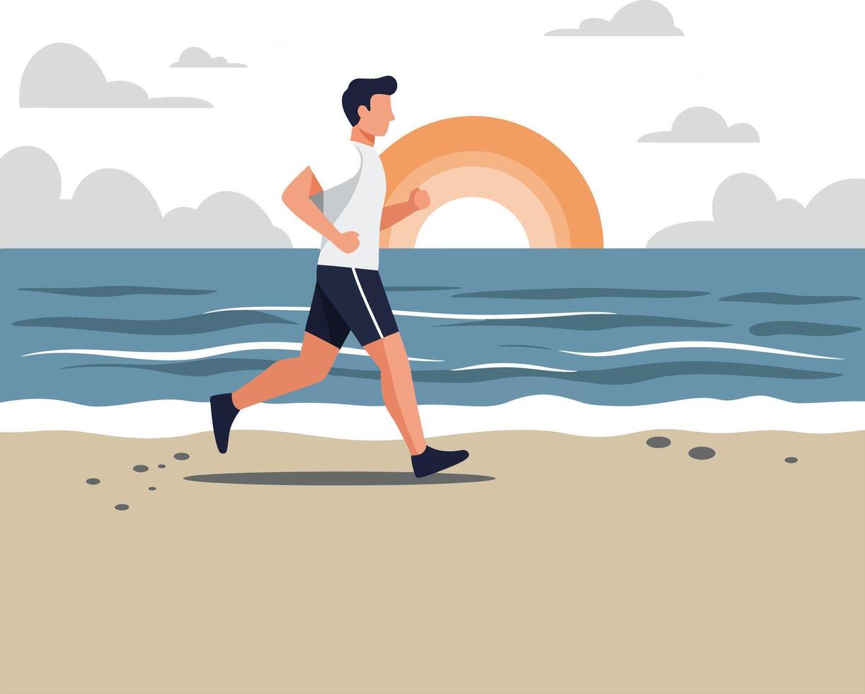 Man jogging on beach with sunset in flat illustration vector
