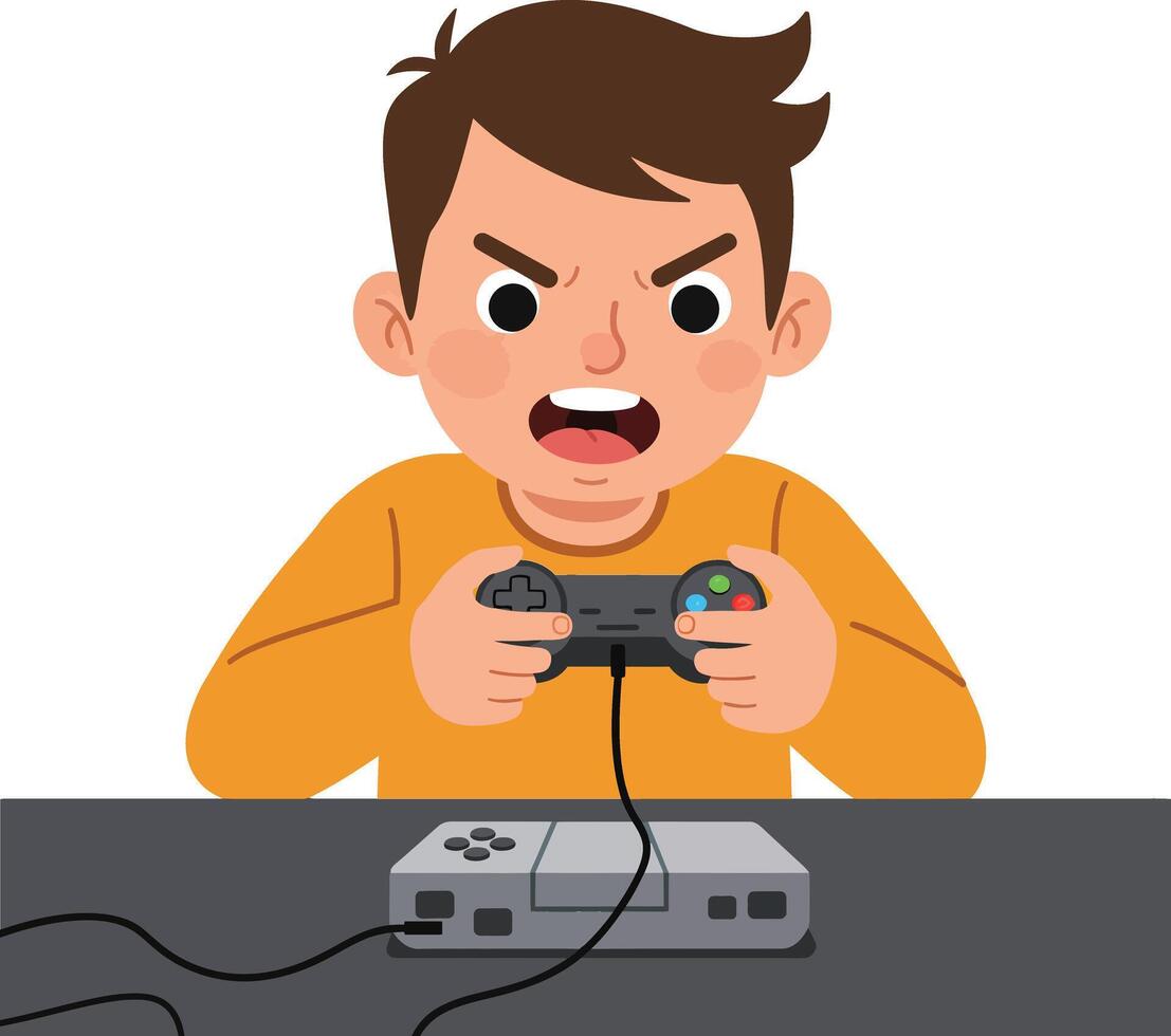 Angry gamer intensely playing game in flat art vector
