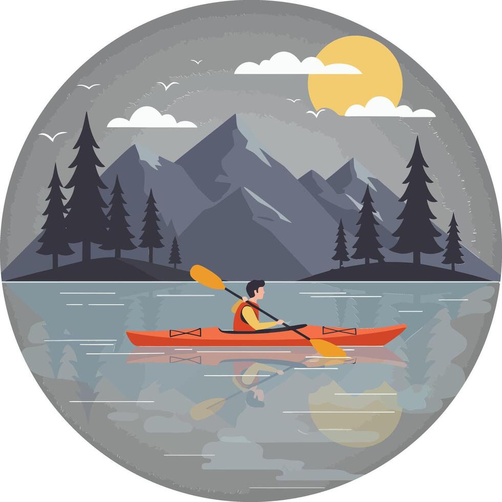 Kayaking on a serene lake with mountains in flat art vector