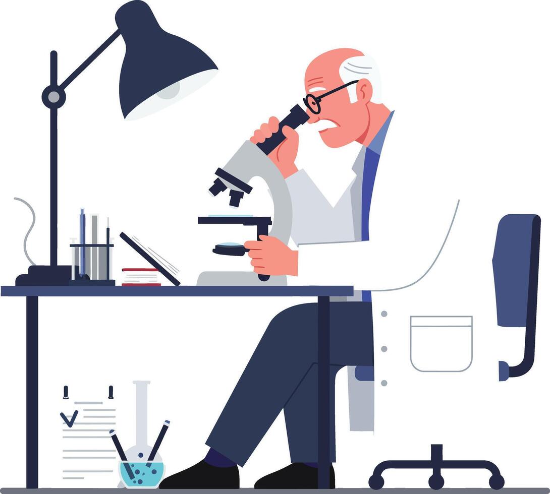 Scientist examining samples with microscope in minimal flat design art vector