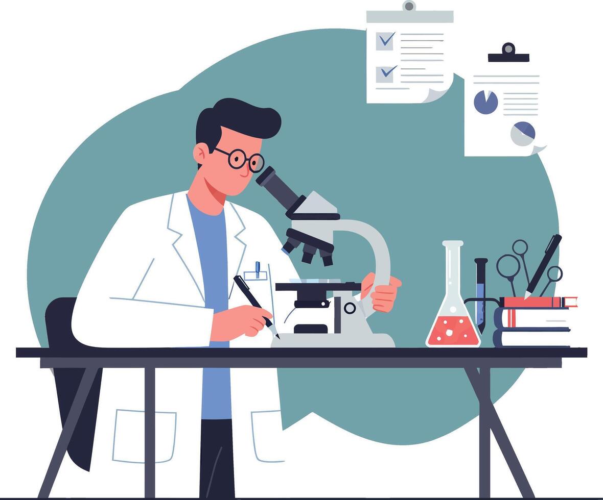 Scientist working at laboratory desk with microscope and beakers in flat illustration vector