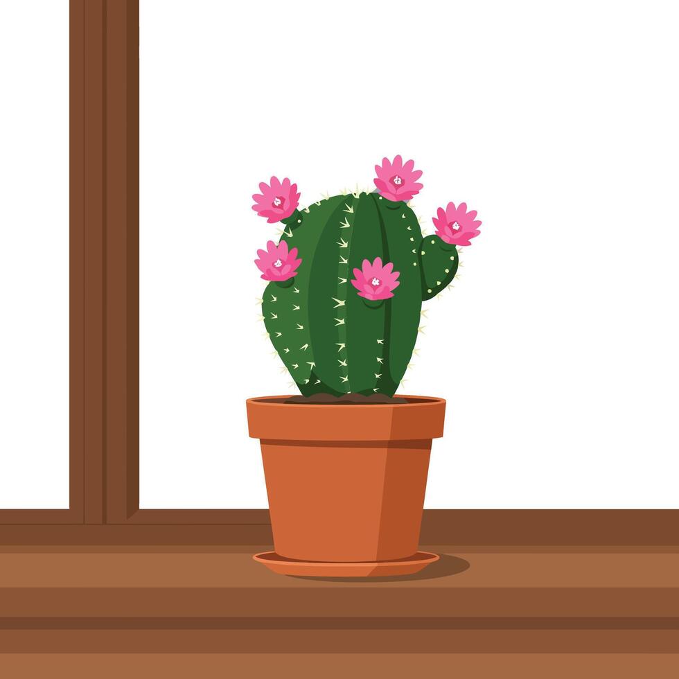 Cactus in a Pot with Pink Flowers Flat Illustration vector