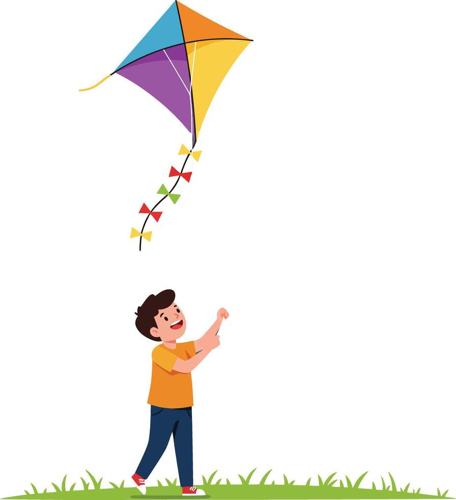 Boy flying colorful kite in flat design style art vector