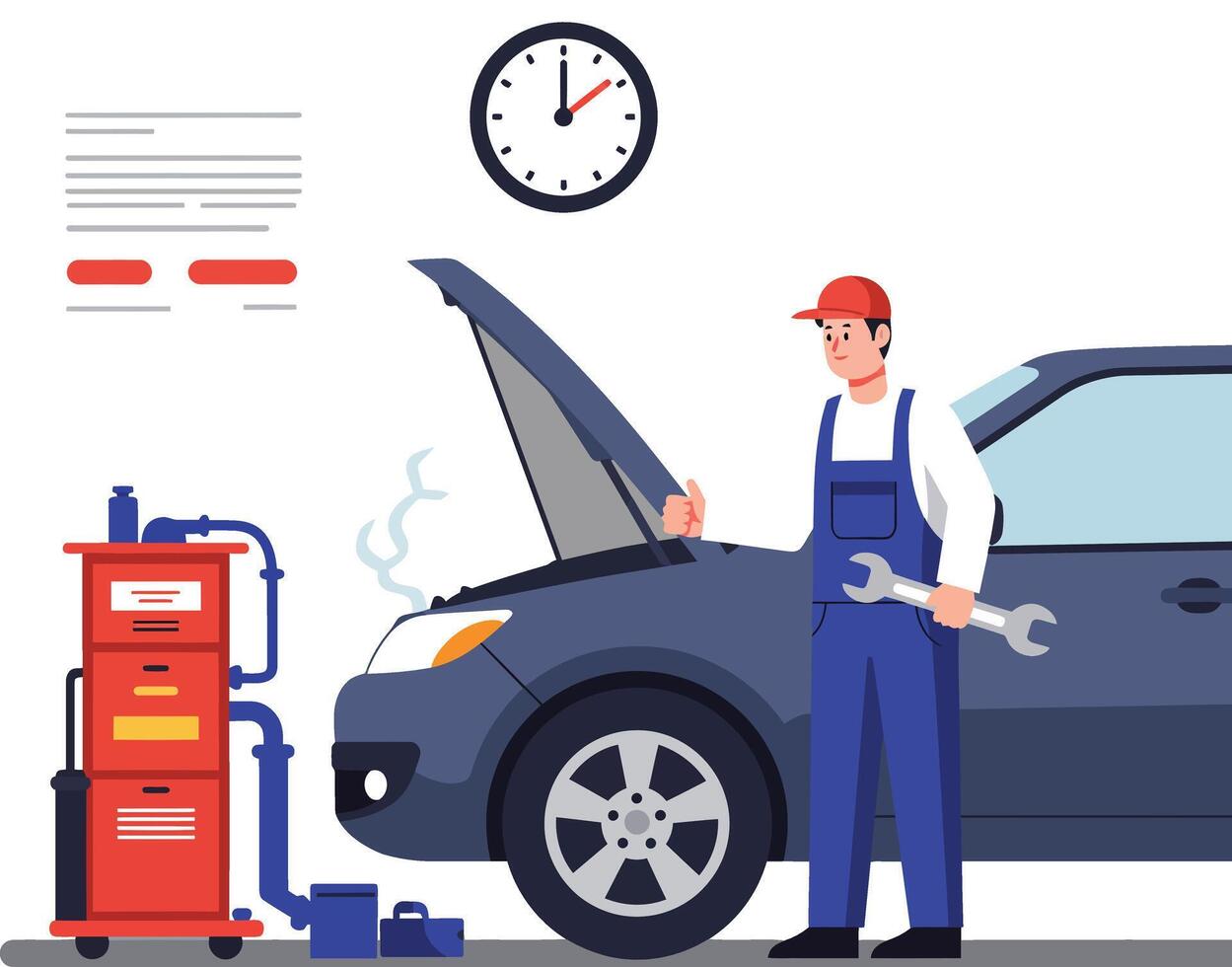 Car mechanic working on vehicle with tools in flat art style vector