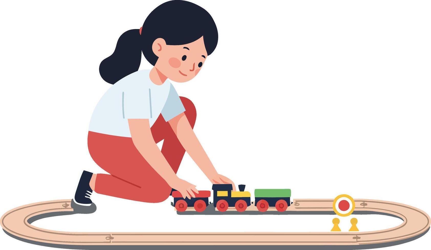 Girl playing with toy train on wooden tracks in flat art vector