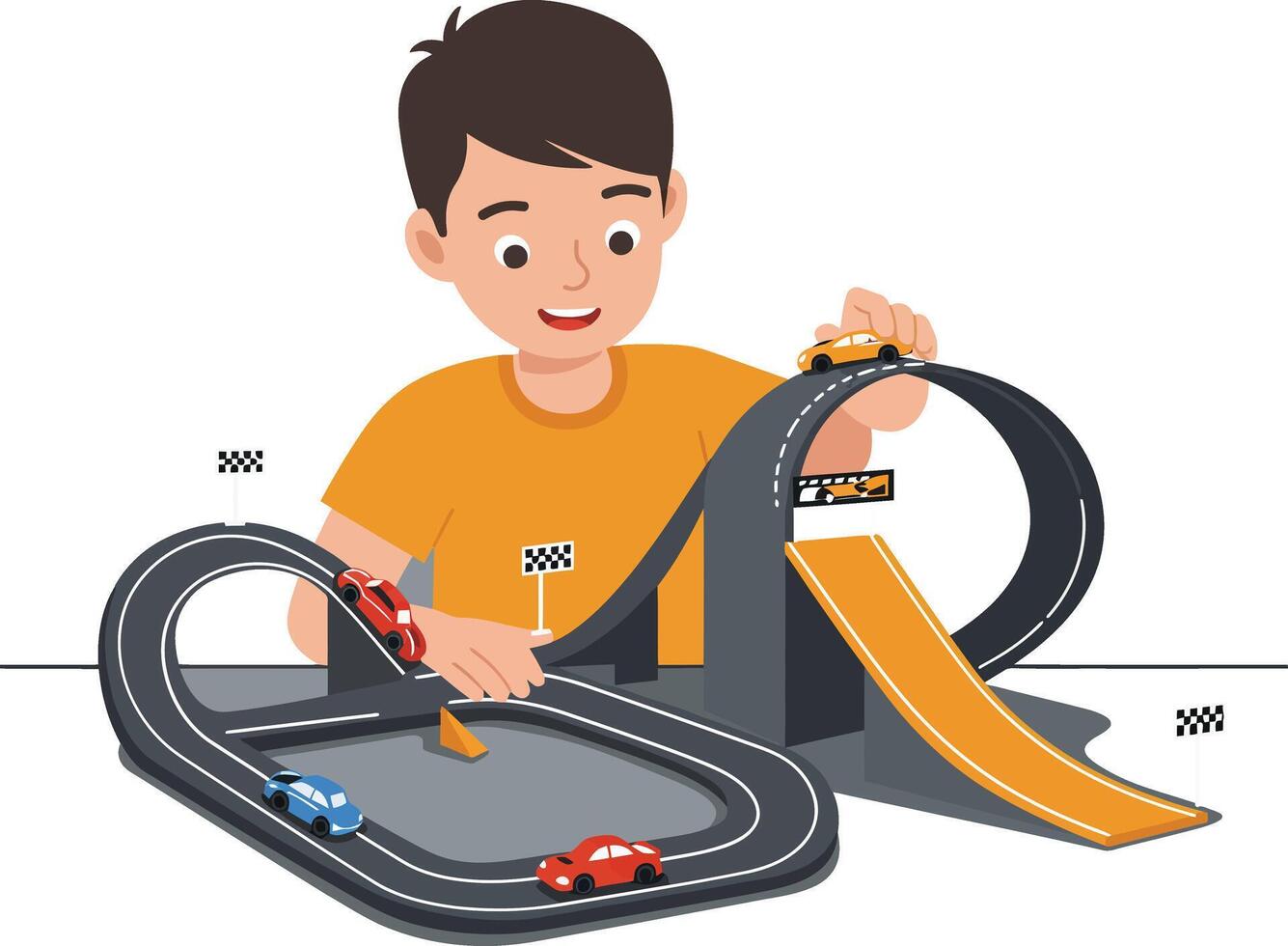Child playing with toy car track in flat minimal art vector