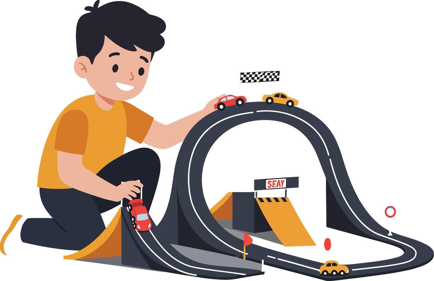 Boy playing with toy cars on a detailed track in flat illustration vector