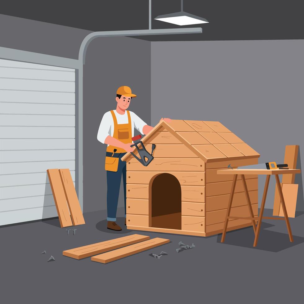 Carpenter building a wooden doghouse in flat art style vector
