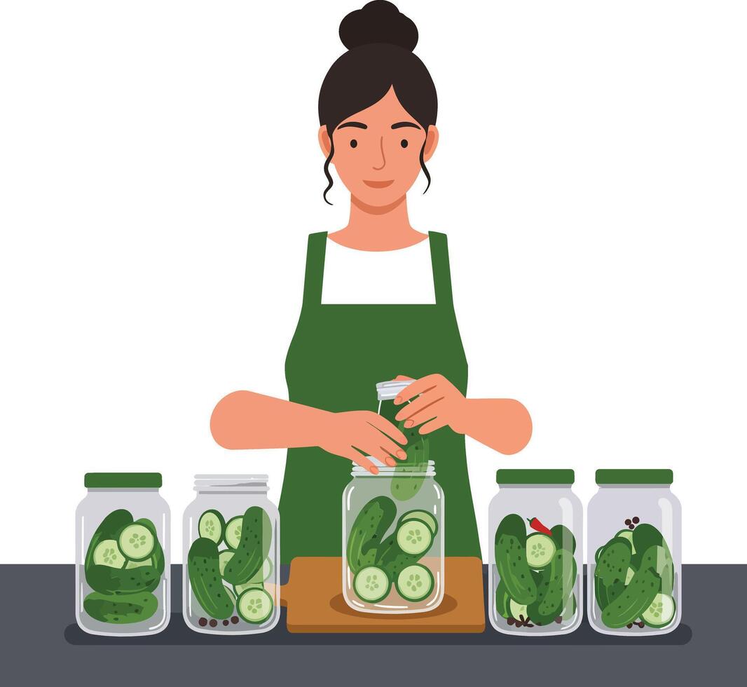 Woman preparing pickles in a kitchen with jars in a flat illustration vector
