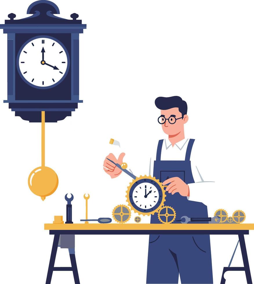 Clockmaker repairing clock mechanism in flat illustration style with detailed design elements vector