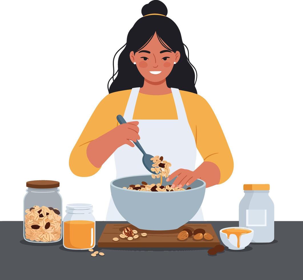 Woman mixing ingredients in a bowl with flat and colorful design art vector