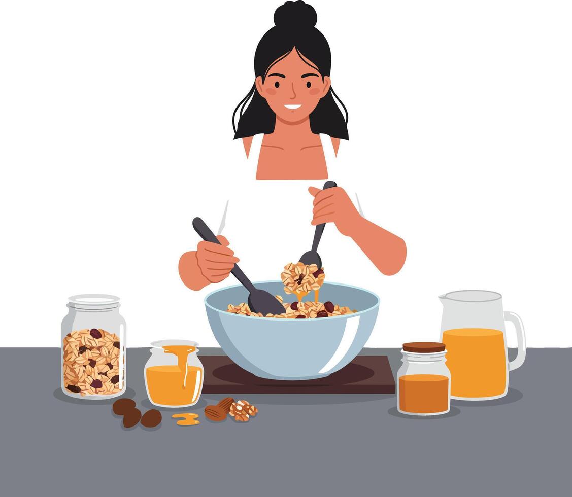 Woman mixing ingredients in a bowl with colorful jars and utensils in flat art vector