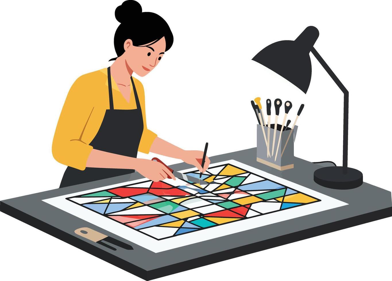 Artist creating colorful stained glass design in flat illustration vector