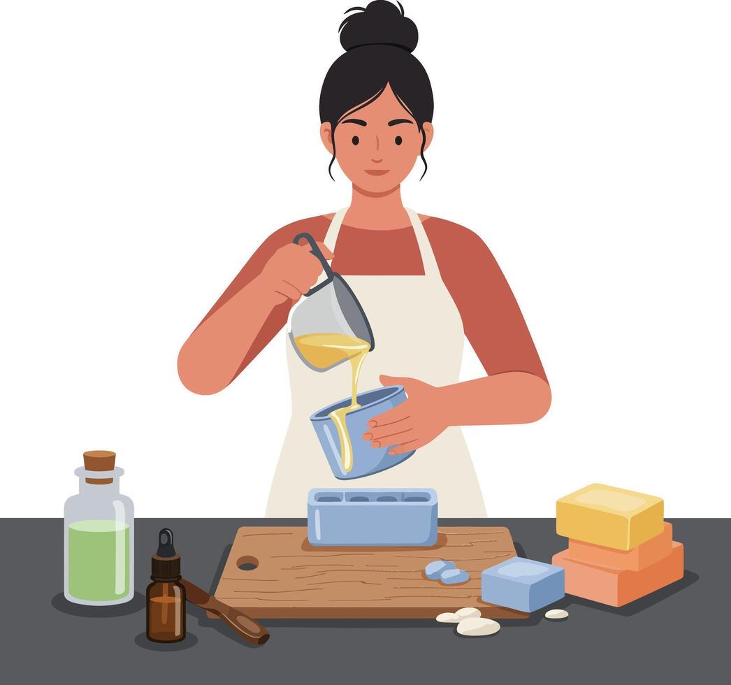 Woman creating natural soap in a modern kitchen, flat art illustration vector
